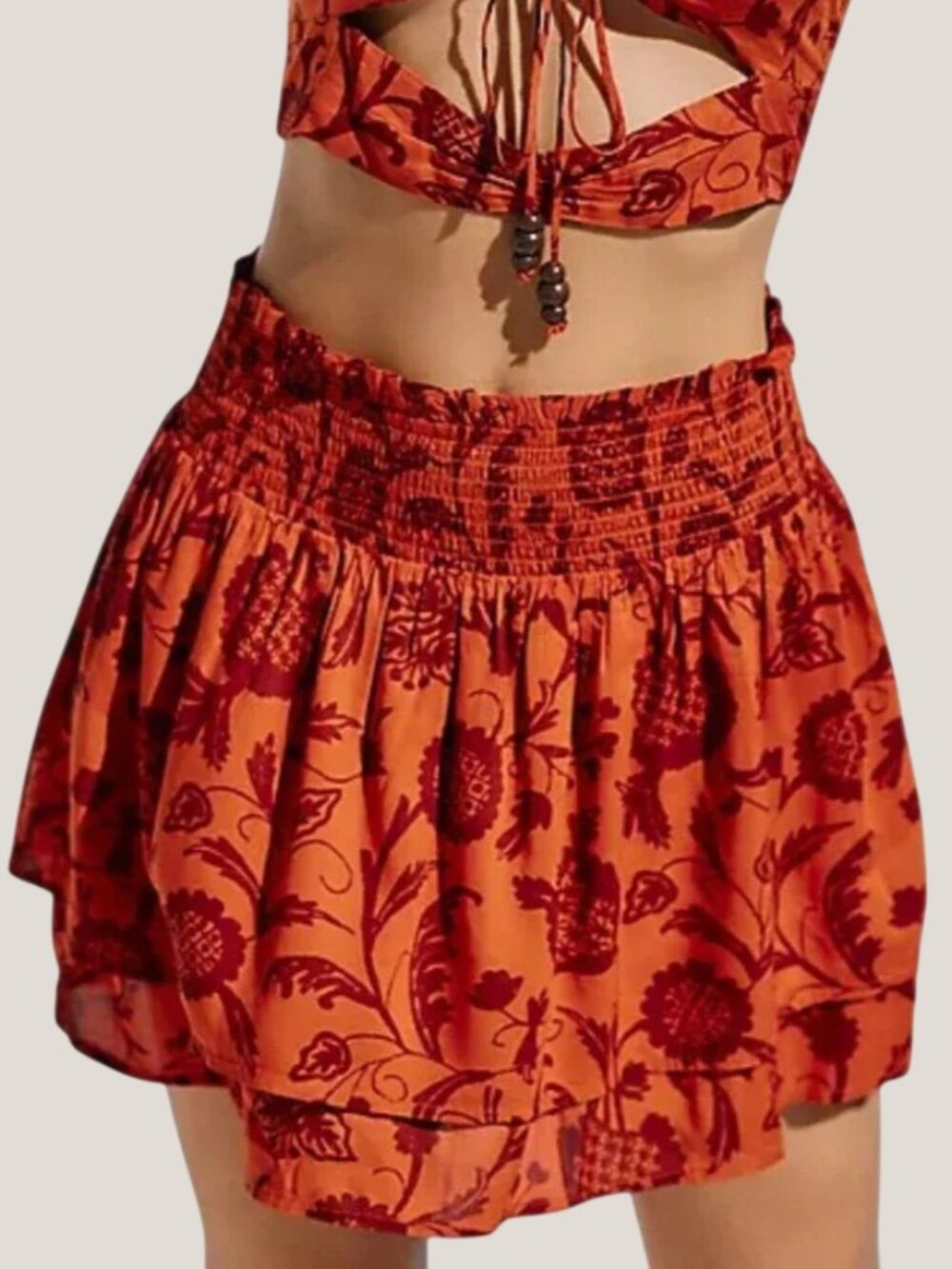 Anthropologie Floral Smocked Mini Skirt Orange Medium